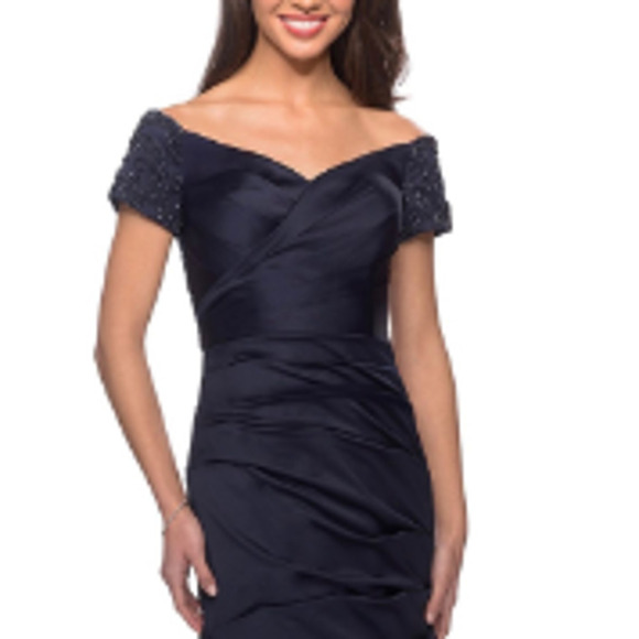 NWT La Femme 25996 Off the Shoulder Beaded Satin Trumpet Gown Blue Size 18 - Picture 2 of 10